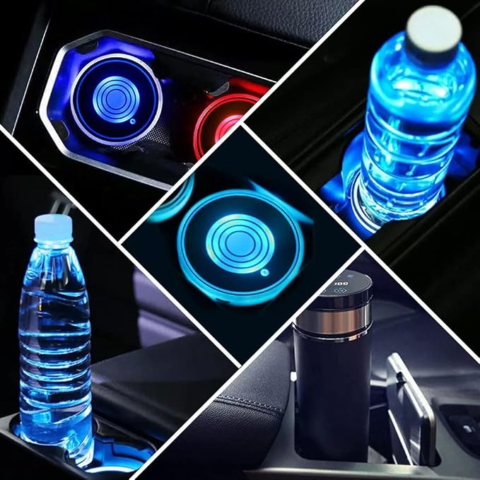 LED Car Cup Holder Lights, 7 Colors Changing USB Charging Mat Waterproof Cup Pad, LED Interior Atmosphere Lamp Decoration Light Inside Car Lighting Accessories (2pcs)