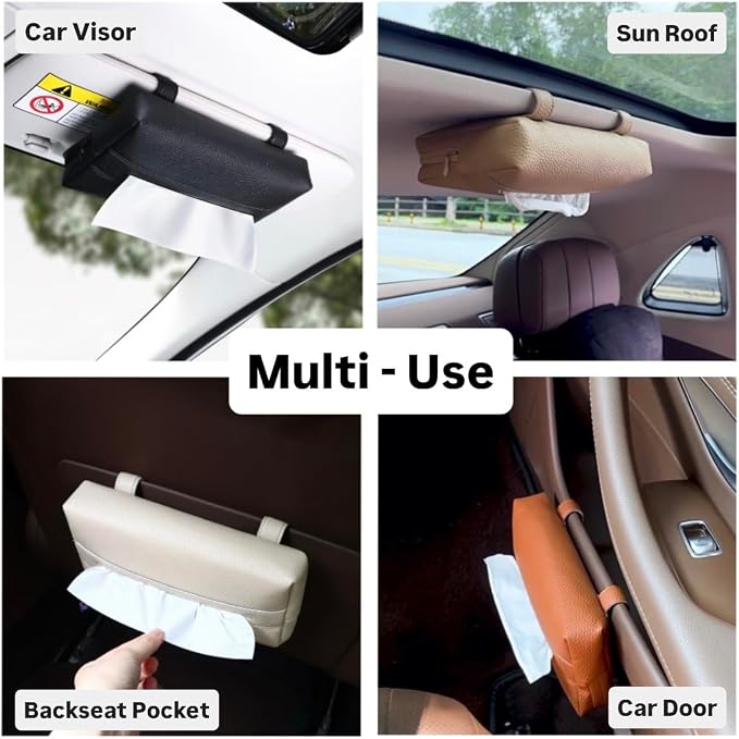 Premium PU Leather Car Tissue Holder & Napkin Dispenser, White Ivory Beige Color, Refillable Visor Case for Masks, Auto Interior Accessories