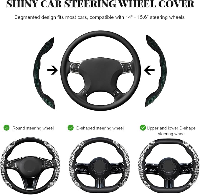 2 PCS Steering Wheel Cover, Segmented Car Wheel Covers with Crystal Rhinestones, Non-Slip Protector Bling Sparkly Decoration for Most Steering Wheels, Car Accessories (Green)