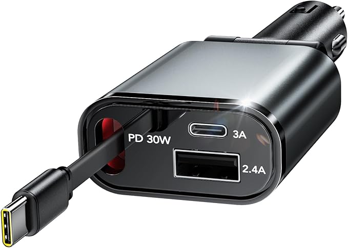 Retractable Car Charger,Car Phone Charger USB C Fast Charge for iPhone | EloBeth Car Charger,Cigarette Lighter USB Charger Car Accessories,Road Trip Essentials Gift for Men,for iPhone 17/16,Galaxy