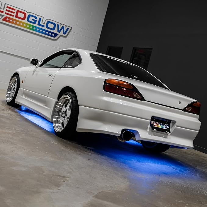 LEDGlow 4pc Blue Slimline LED Car Flexible Underglow Lighting Kit | Neon Accent Lights Include Flex Underbody Tubes, Solid Color Illumination, 4 Modes, Control Box & Remote
