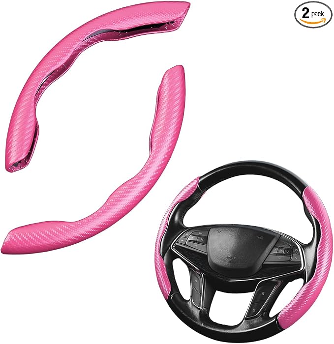 Car Steering Wheel Cover, Carbon Fiber PU Leather Segmented Steering Wheels Protector, Breathable Anti Slip Durable Auto Interior Accessories for Women Men (Carbon Fiber Pink)