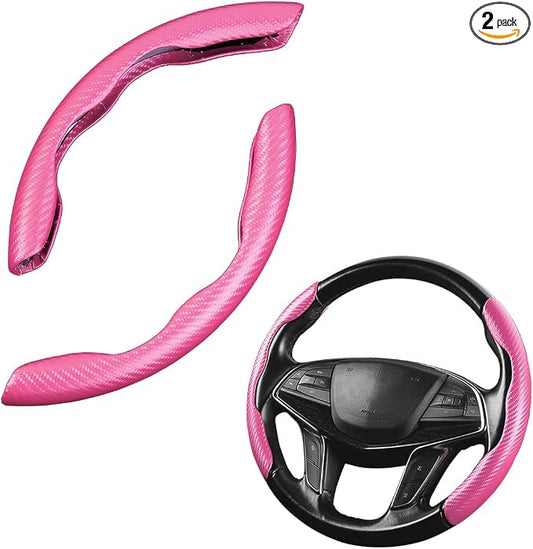 Car Steering Wheel Cover, Carbon Fiber PU Leather Segmented Steering Wheels Protector, Breathable Anti Slip Durable Auto Interior Accessories for Women Men (Carbon Fiber Pink)