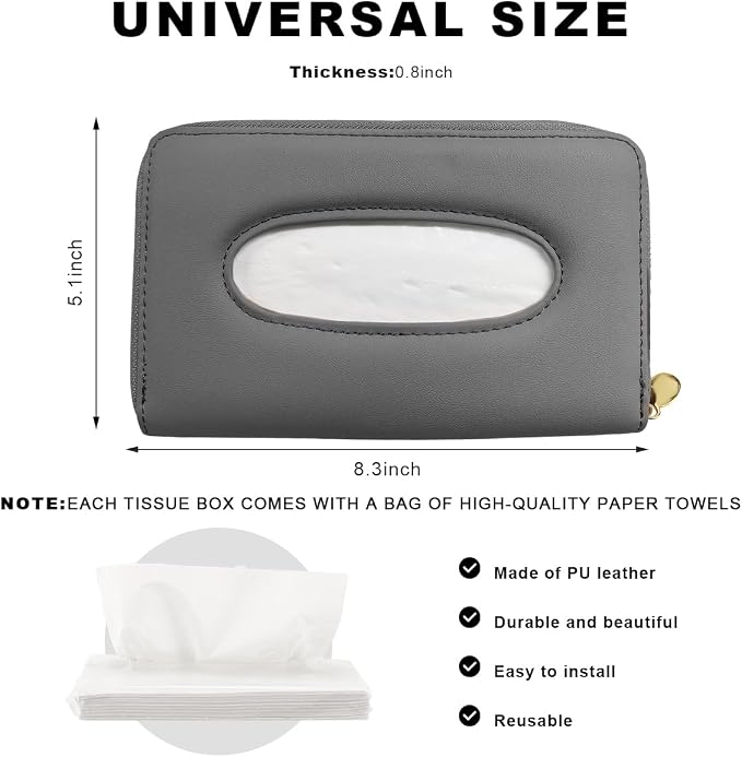 Car Tissue Holder, Sun Visor Napkin Box Premium PU Leather Tissue Case with Zipper, Rectangular Hanging Paper Organizer Mask Dispenser for Sedans SUVs Trucks, Car Accessories (Gray)