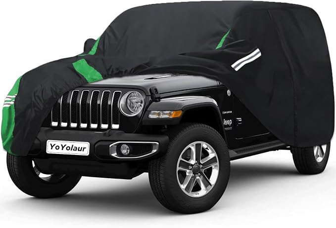Car Cover Compatible with Jeep Wrangler Waterproof 4 Door Custom Fits for TJ YJ CJ JK JL, Outdoor Full Exterior Soft Cotton Lining Sun Rain Snow Hail Protection with Driver Door Zipper
