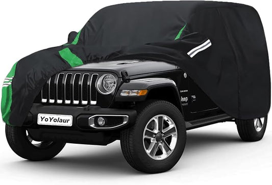 Car Cover Compatible with Jeep Wrangler Waterproof 4 Door Custom Fits for TJ YJ CJ JK JL, Outdoor Full Exterior Soft Cotton Lining Sun Rain Snow Hail Protection with Driver Door Zipper