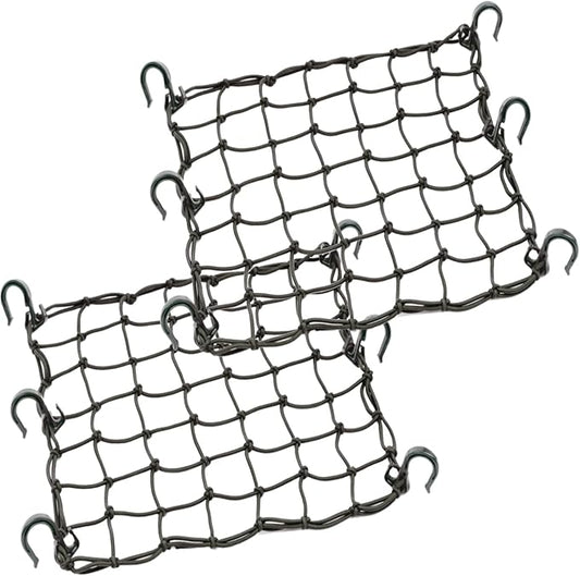 Small Cargo Net 15"x15" Stretches to 30"x30" with Thicken Hooks | Natural Latex Core, Tight 2”x2” Mesh Heavy Duty Bungee Net for Motorcycle Helmet, Bike, ATV, UTV, Luggage (Black, 2 Pack)