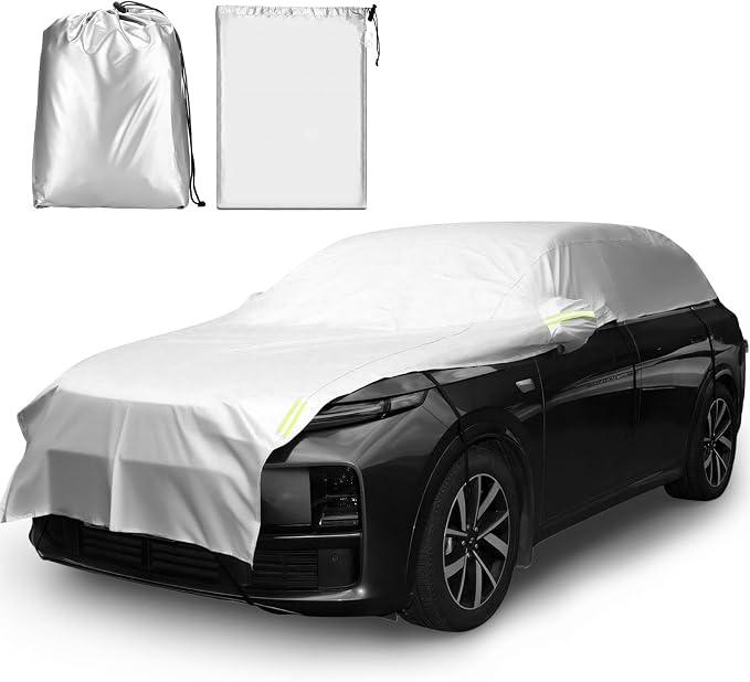 Canchiing Silver Car Half Car Cover Auto Sun Heat and UV Rays Blocker Foldable Automotive Front Windshield Sunshade Protector Easy Installation with Straps Fits Cars Sedan SUV(198" X 59",SUV)