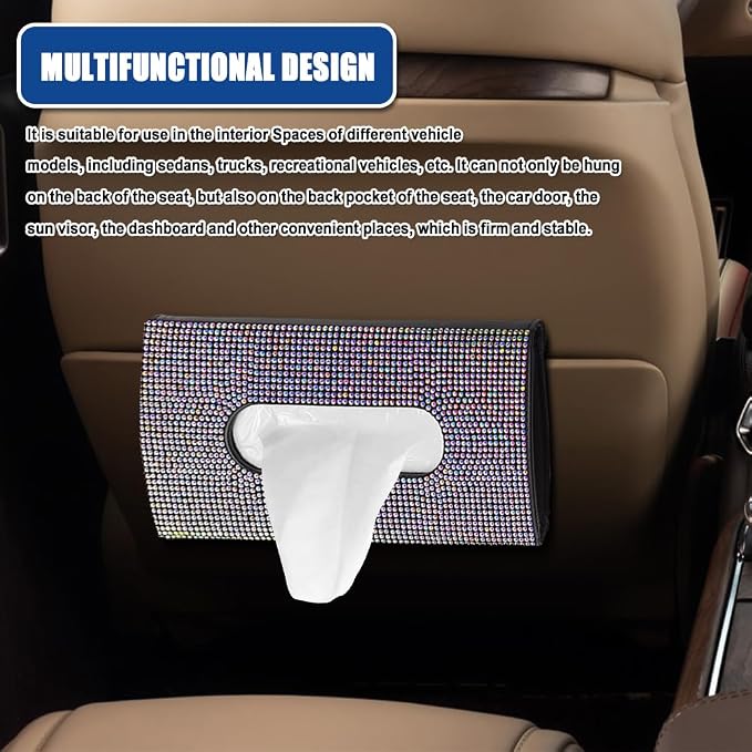 Bling Car Sun Visor Tissue Box Holder, Visor Accessories, Rhinestone PU Leather Crystal Sparkling Napkin Holder, Auto Sun Visor Paper Towel Cover Case Accessories for Most Cars (Colorful)