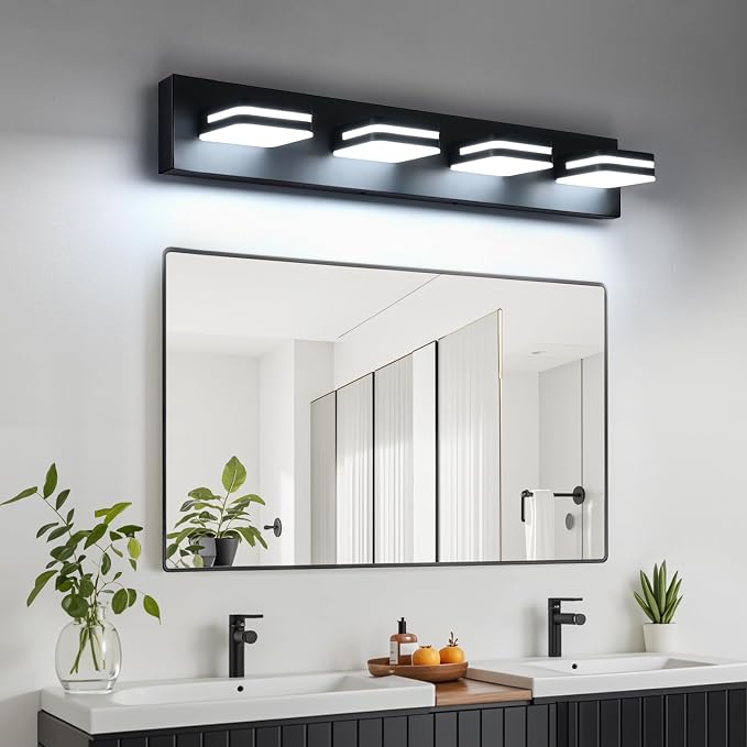 Torondo 360° Rotate LED Bathroom Vanity Light Fixtures, Acrylic Vanity Lights for Bathroom, Modern Wall Lighting Fixtures Over Mirror Living, Matte Black, 100%-0% Natural White, 4-Light, 27-Inch
