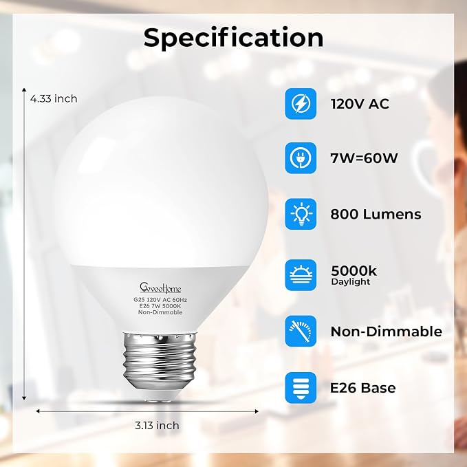 GvvooHome Vanity Light Bulbs for Bathroom, G25 LED Globe Light Bulbs for Makeup Mirror Dressing Room, 60W Equivalent, 5000K Daylight, 800LM, E26 Base, Non-Dimmable, 8-Pack
