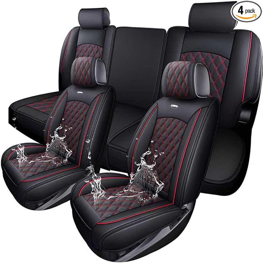 Aierxuan Truck Seat Covers for Chevy Silverado GMC Sierra Trail Boss Z71 Pickup 2007-2026 1500 2500HD 3500HD Crew Double Extended Cab Waterproof Leather (Full Set, Black-Red)