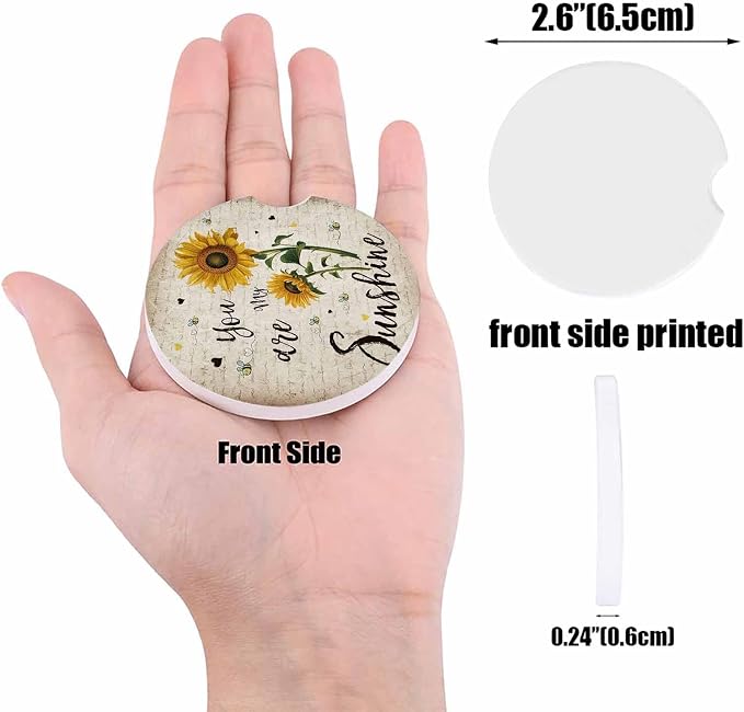 Small Car Coasters for Cup Holders 2.65" Absorbent 4 Pack Car Coaster Ceramic Stone for Drinks Absorb Water Drops You are My Sunshine Sunflower and Bee Letter Texture Retro Style