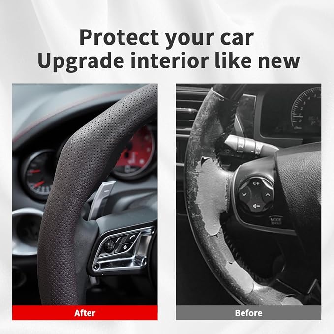 Nappa Leather Car Steering Wheel Cover Non Slip Vehicle Steering Wheel Cover Protector Quick Install Comfy Automotive Interior Decor Universal fit 14½ to 15 inches Pickup SUV, Mocha Brown