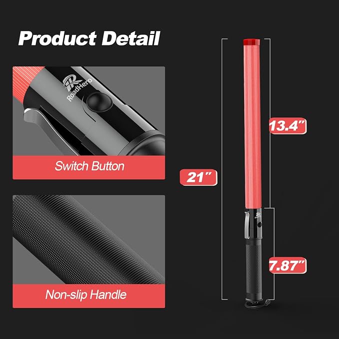 RoadHero 6 Pack Traffic Wand, 21 Inch Led Traffic Control Baton, Safety Light Wands with 2 Flashing Modes, Air Marshaling Signal Wand with Side Clip for Airport, Parking, Car Directing