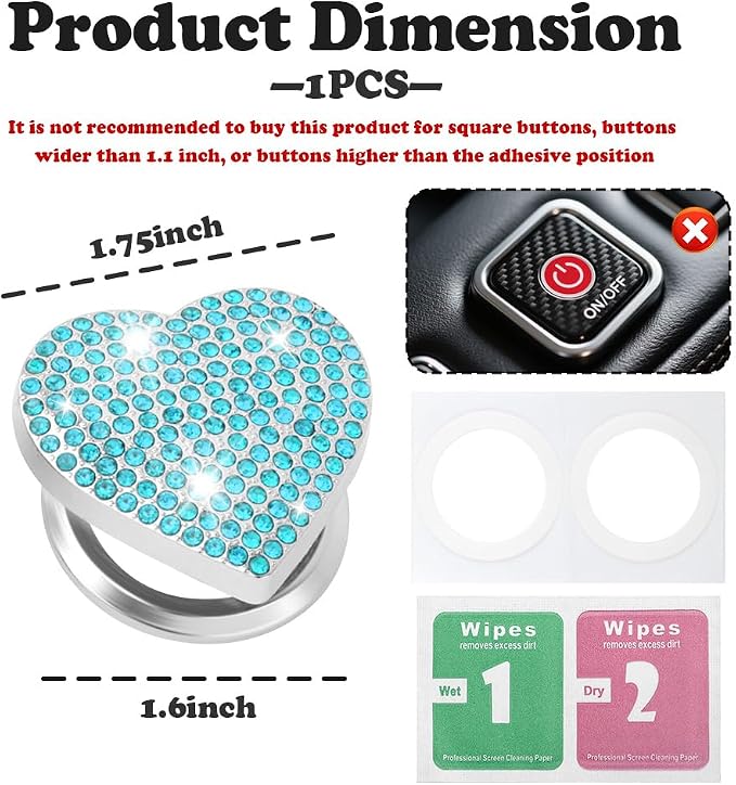 Bling Push Start Button Cover with Rhinestone,Heart Push to Start Button Cover for Car Decor,Diamond Engine Start Buttons Cover Car Accessories Interior for Women & Girl (Blue)
