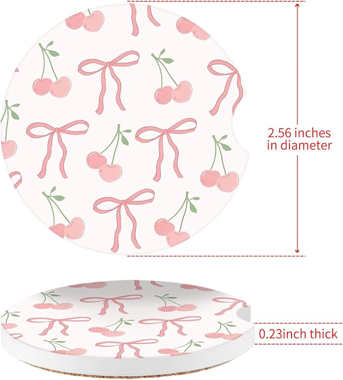 Cute Cherry Car Coasters,Absorbent 2 Pack for Cup Holders with Finger Notch,2.56 inches Ceramics Heat Resistant Anti Slip Cork Base Car Drinks Coasters Auto Cup Holder