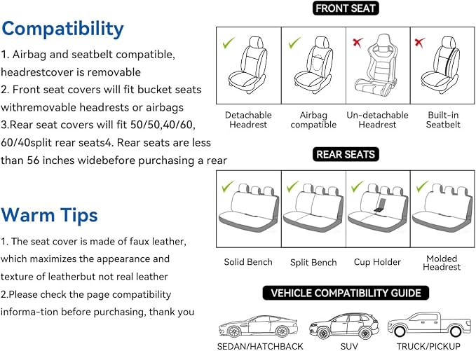 Car Seat Covers Full Set Gray, Premium Leather Car Seat Covers, Waterproof and Breathable Seat Covers, Universal Car Seat Protector Fit for Cars, Trucks, SUVs, Pick-ups