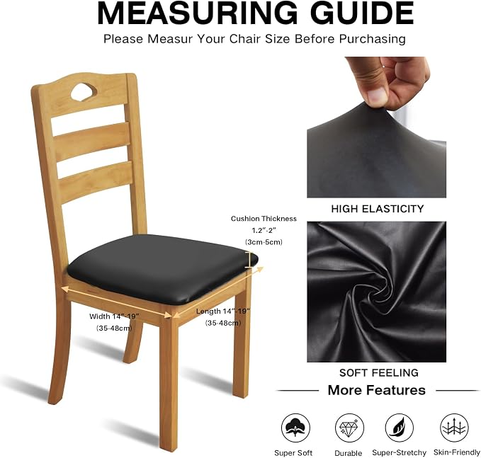 Leather Stretch Chair Seat Covers with Elastic Ties,Waterproof Dining Room PU Leather Chair Cover Seats,Removable Washable Chair Protector Seat Cushion Slipcovers for Home,Kitchen (Black, 4 PCS)