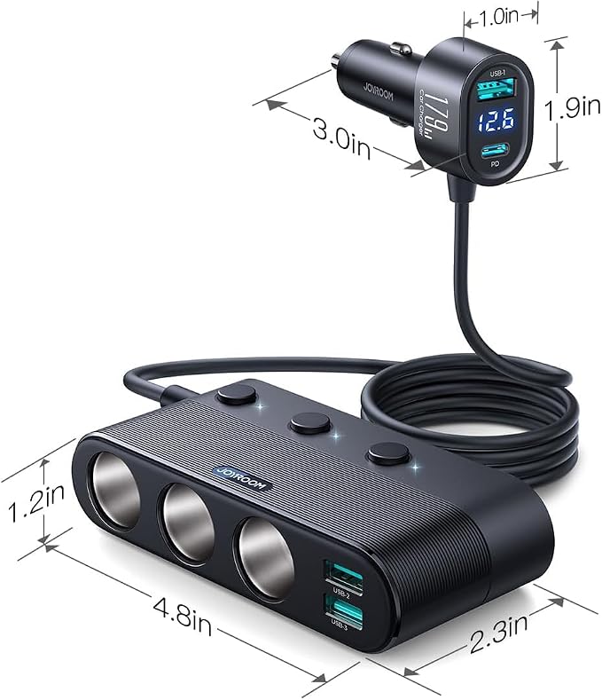 179W 7 in 1 Cigarette Lighter Splitter, PD30W Fast Charging Adapter for Car | PD30W Type-C, 39.6IN Extension Cable, 12V/24V Cigarette Lighter Adapter, 3 USB Ports, Independent Switches, Voltage Display