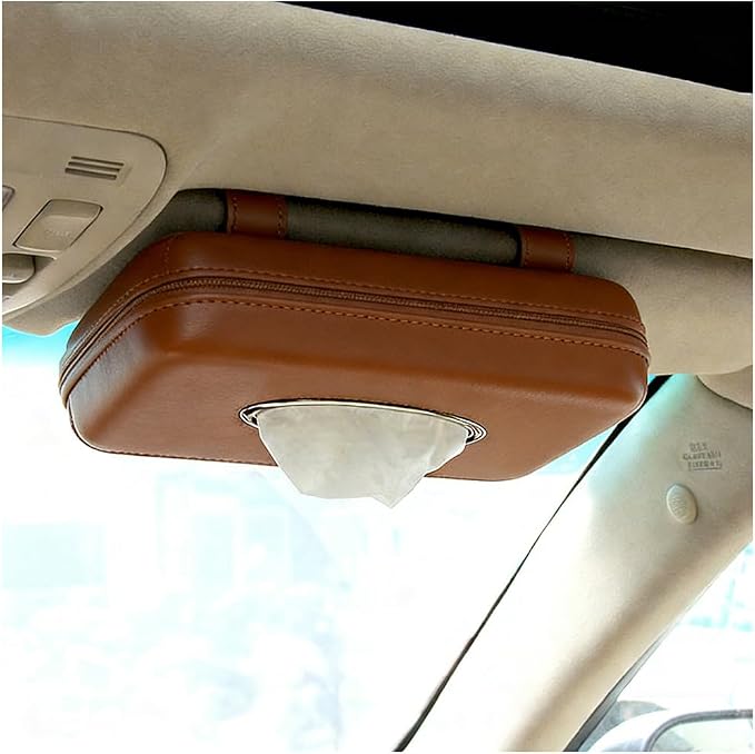 Car Sun Visor Tissue Holder, Leather Stylish Vehicle Visor Backseat Napkin Organizer Box with Zipper, Auto Interior Sunvisor Paper Towel Mask Dispenser Case, Universal for SUV Van RV (Brown)