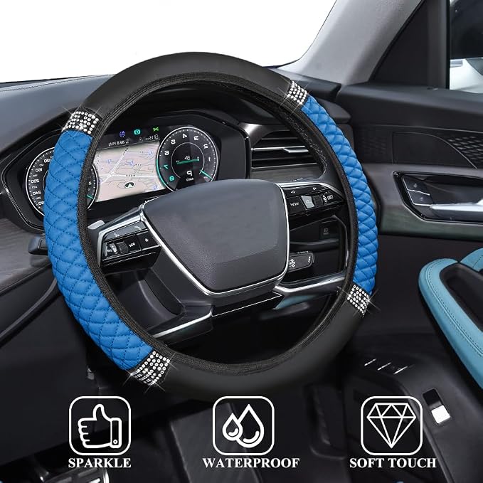 Bling Soft Leather Steering Wheel Cover, 15 Inch Colorful Rhinestones Auto Elastic Steering Wheel Protector for Women Girls, Car Accessories Anti Slip Steering Wheel Cover for Cars, SUVs (Blue)