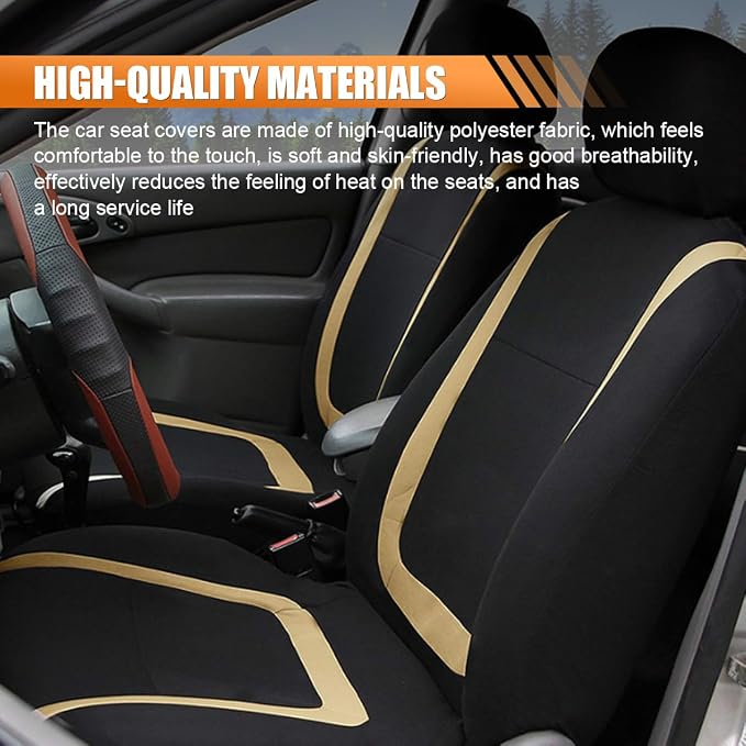 Car Seat Covers, Breathable Comfortable Automotive Seat Protectors, Anti-Slip 2 Front Seats Covers Airbags Compatible, Universal Washable Vehicle Accessories for Car, Truck, SUV (Black/Beige)