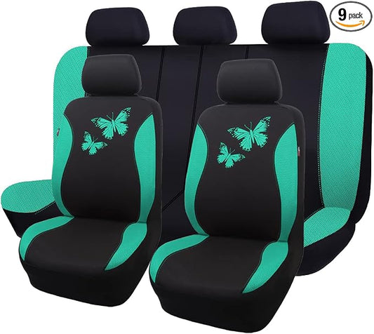 Flying Banner Butterfly car seat Covers ful Set Fashion Universal Lady Woman Female Rear Bench Split Colorized (Full Set, Mint Green)