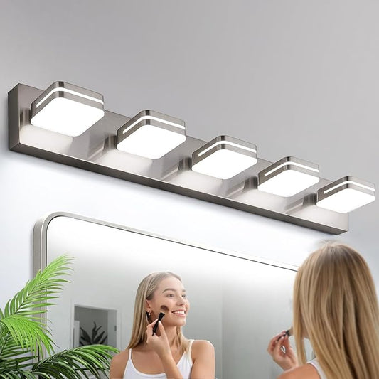 Torondo 360° Rotate LED Bathroom Vanity Light Fixtures, Acrylic Vanity Lights for Bathroom, Modern Wall Lighting Fixtures Over Mirror Living, Brushed Nickel, Natural White, 5-Light, 34-Inch