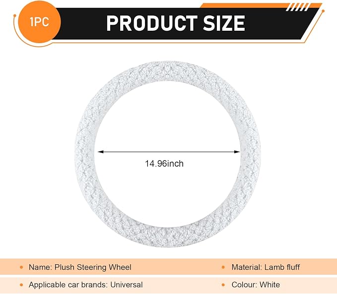 Fuzzy Warm Steering Wheel Cover for Winter, Soft Faux Lamb Fleece with Anti-Slip Inner Ring, 14.96" Inner Diameter Cozy Protective Driving Cover, Universal for Most Cars (White)