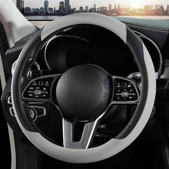 Car Steering Wheel Cover, Microfiber Leather Steering Wheel Cover Universal Fit 14.5-15 inch Anti-Slip Comfortable Breathable Car Wheel Protector for Men Women,Grey