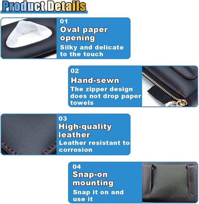 Car Tissue Holder, Sun Visor Box, Backseat Paper Carton, Leather Napkin Case, Universal Hanging Towel Clip for SUV, RV, Truck (Black)