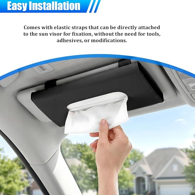 Car Tissue Holder, Rectangle Vehicle Sun Visor Napkin Case with Ergonomic Take Out Port, Automotive Interior Sunshade Tissue Box Organizer, Universal for SUV RV Truck (Black)