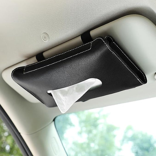 Smilfuy Car Visor Tissue Holder, Leather Mask Dispenser, Hanging Napkin Holder, Sun Visor Accessory Universal For Most Vehicles (Black), 9.17x5.31 Inch