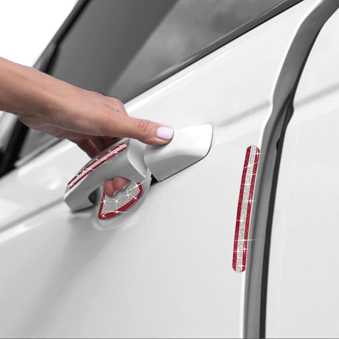10PCS Car Door Handle Bling Rhinestones Stickers, Red & Sliver | Universal Auto Door Handle Safety Reflective Strips, Super Shine, High Light Bling Car Decoration
