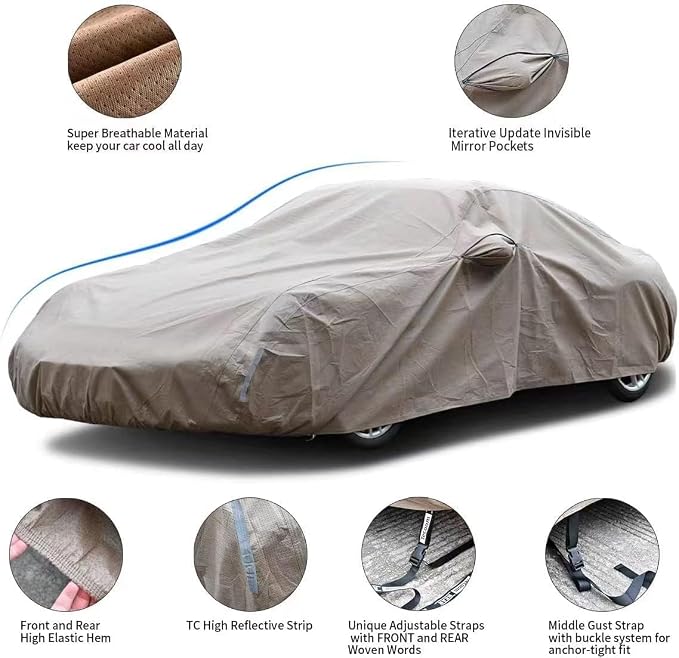 Tecoom Car Cover Waterproof All Weather, Non-Woven Breathable Outdoor Full Covers for Automobiles with Zipper Pockets Sun Uv Wind Hail Protection Universal Fit Mercedes Chevrolet, 183-192 Inch