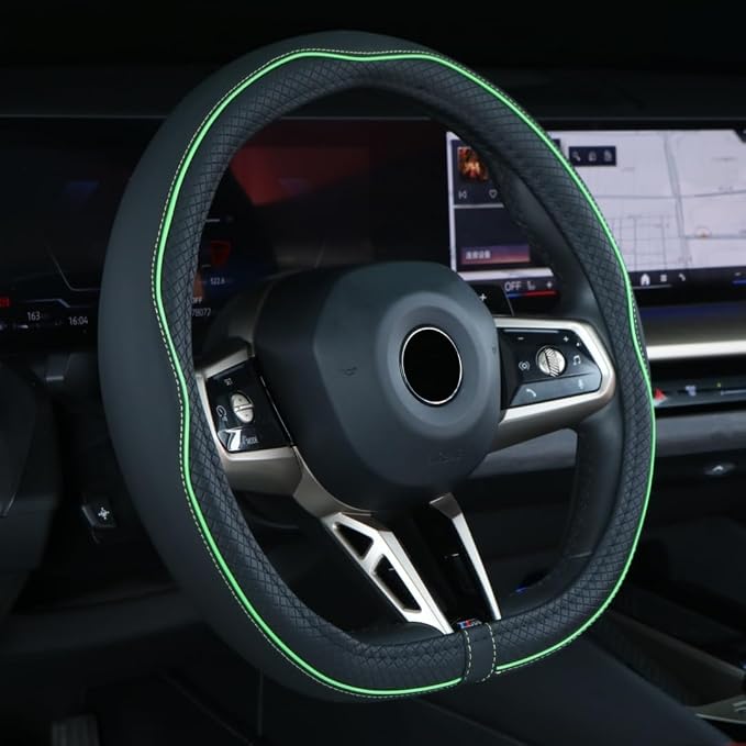Mayco Bell Flat Bottom Steering Wheel Cover Anti-Slip,Safety,Soft,Breathable,Durable,Full Surround,Comfortable Grip Microfiber Leather (D Shape, Green)