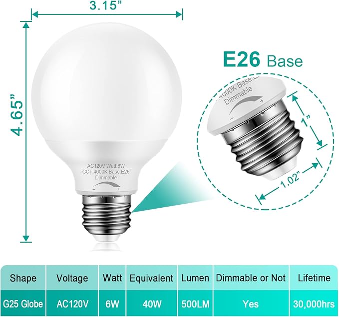 10-Pack Dimmable G25 Globe Light Bulbs LED, 6W=40W Replacement, Natural Daylight 4000K, E26 Medium Base, Ideal for Bathroom Vanity, Makeup Mirror or Sputnik Light, 120V, Round Light Bulbs
