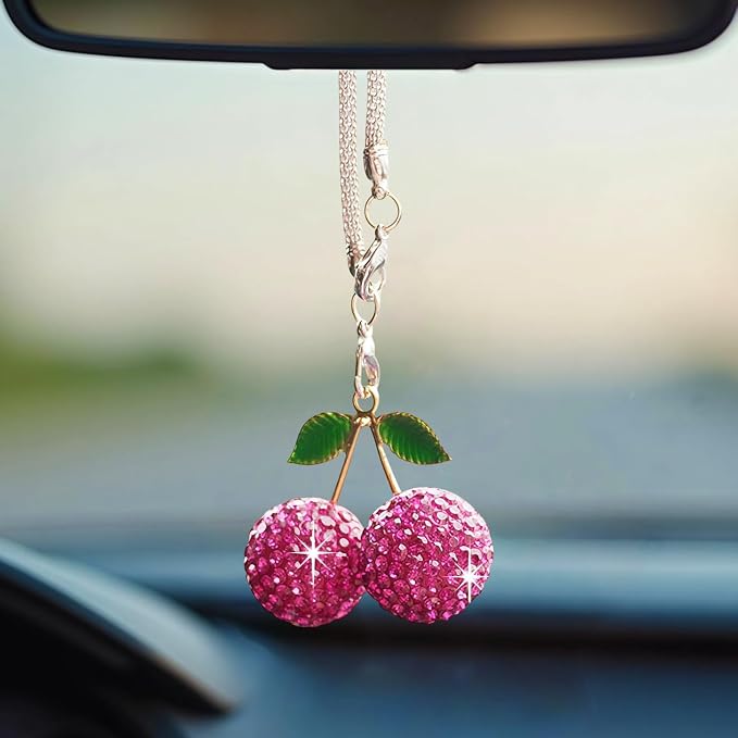 Bling Cherry Car Hanging Ornament, Cute Crystal Rear View Mirror Pendant, Sparkly Diamond Rearview Mirror Charms, Lucky Car Interior Decor Accessories (Purple)