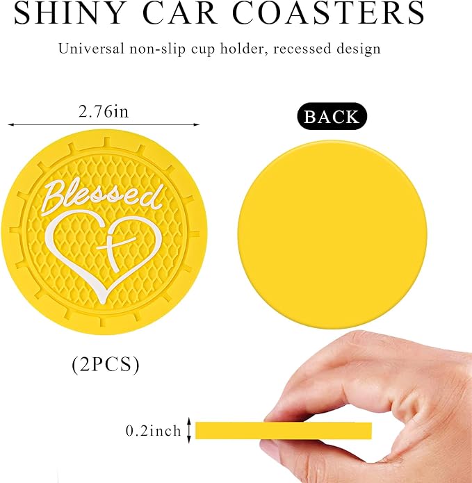 KVAEY 2 PCS Car Cup Holder Coasters, 2.76 Inch Anti Slip Vehicle Drink Mats with Cute Blessed Cross and Heart, Shockproof, Universal Car Accessories (Yellow, 2 PCS)