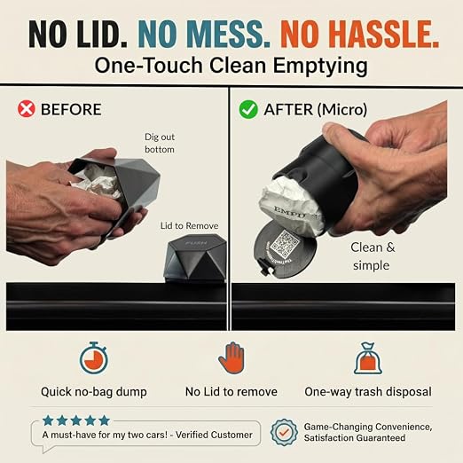 Trash Trapper Car Trash Can Cup Holder | Micro Car Trash Can | Fits Flush in Most Cupholders | 3.5" x 3.5" | Traps More & Empties Less, Patent-Pending Compaction, Holds Small Garbage, Black/Black