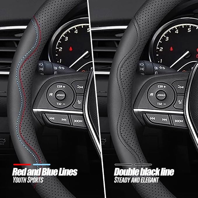 LKWLIKEI Nappa Premium Leather car Steering Wheel Cover, Non-Slip, Breathable, Universal 15 inches