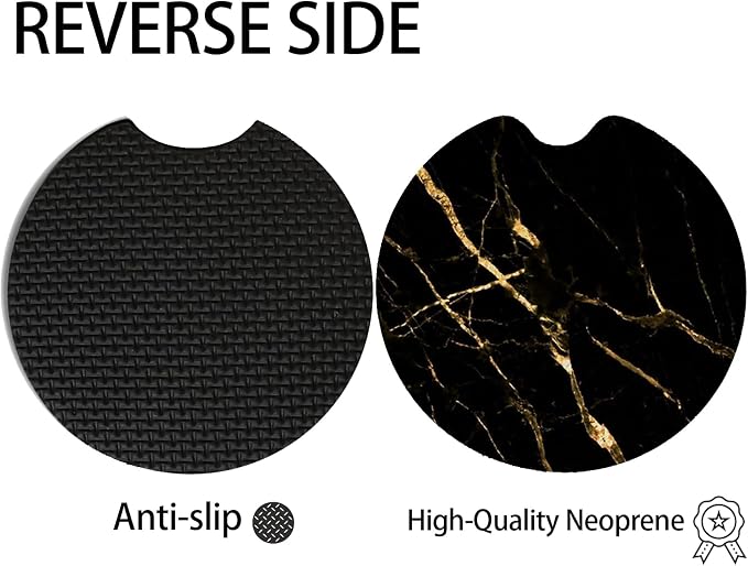 2pcs Black Marble Pattern Car Coasters,Absorbent Universal neoprener Cup Holder Coasters with a Finger Notch,Car Accessories for Women&Man Interior，2.75"
