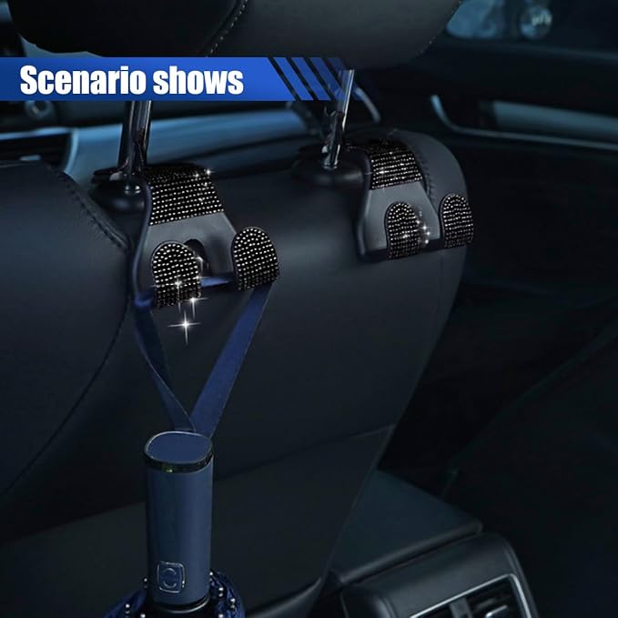 2PCS Car Seat Headrest Hooks, Shiny Crystal Hanger Holder, Backseat Hanger Storage Organizer, Bling Rhinestone Car Purse Hook, Car Accessories for Women Universal for SUV Truck Vehicle (Black)