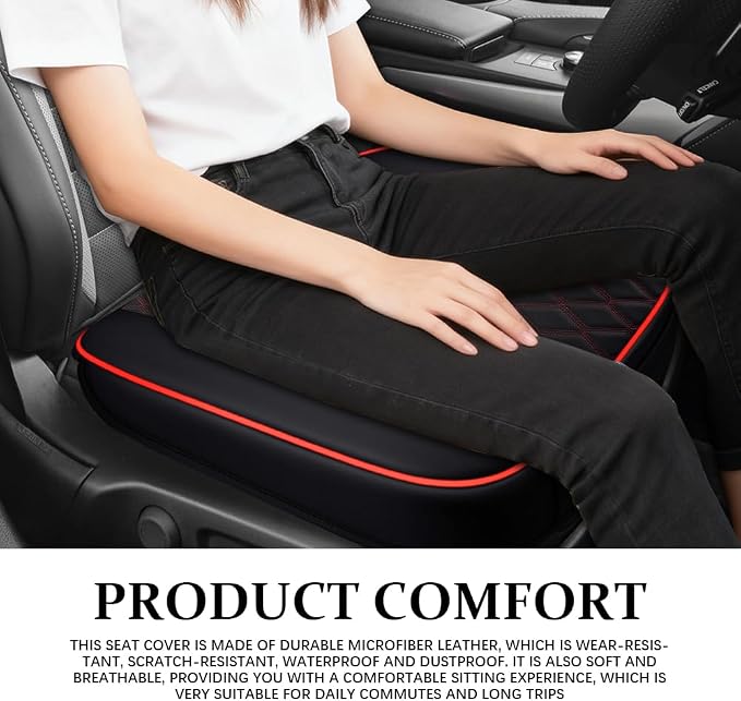 Leather Front Car Seat Cover, Anti-Slip Car Seat Bottom Covers, Full Wrapped Bottom Seat Protectors with Storage Pocket, Universal Comfortable Seat Cushion Fit Vehicles SUVs Trucks (Black Red)