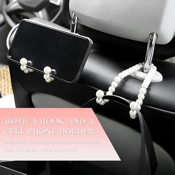 DXNQ Elegant Pearl Car Seat Headrest Hook, Cute Car Seat Hook Hanger Storage Organizer for Handbag Purse, Interior Decoration Headrest Hanger for Women Girls, Car Accessories