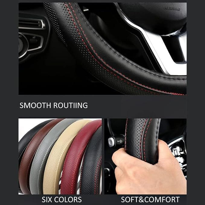 Genuine Leather Steering Wheel Cover, Real Cowhide for 14.5-16 Inch Steering Wheels, Universal Fit for Cars and Trucks (Beige, 16inch)