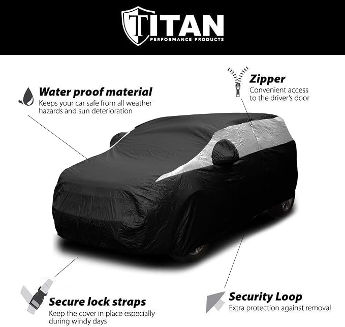 Titan Jet Black Poly 210T Car Cover for Compact SUV 170-187". Waterproof, UV Protection, Scratch Resistant, Driver-Side Zippered Opening. Fits Rav4, Rogue, CR-V and More.