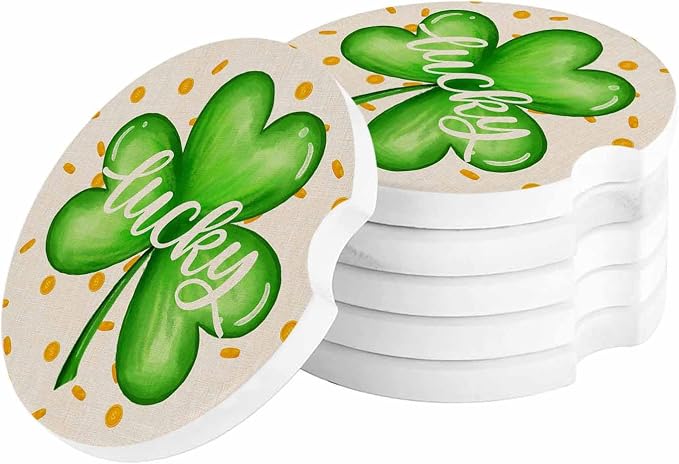 Car Coasters for Cup Holders 2.6" Dia Absorbent Set of 2 Interior Accessories for Women St. Patrick's Day Four Leaf Clover Gold Coin Ceramic Coaster for Drinks With Finger Grooves