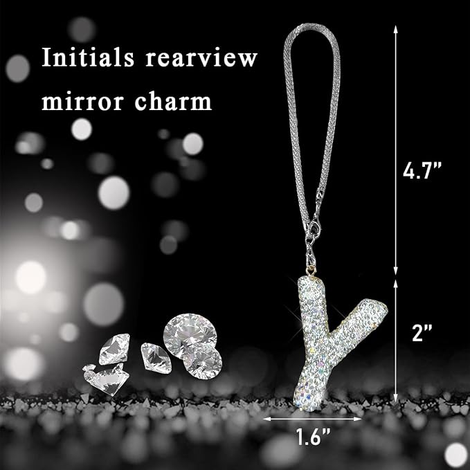 DXNQ Bling Initial Car Rear View Mirror Ornament, Crystal Sparkling Cute Letter Charm Pendant Auto Decor, Hanging Lucky Diamond Initial Charm Car Mirror Bag Ornament for Girl Women (Letter Y)